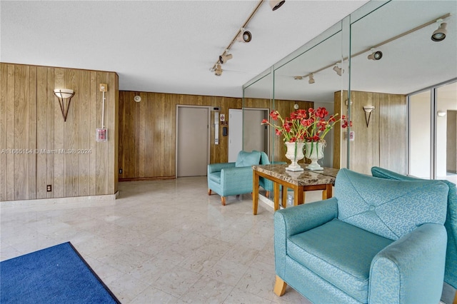 living area featuring wood walls and track lighting