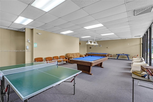 playroom with carpet, billiards, and a paneled ceiling