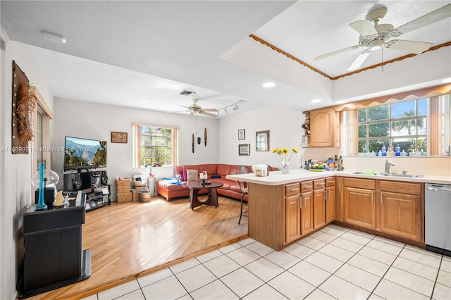 kitchen with kitchen peninsula, sink, light wood-type flooring, stainless steel dishwasher, and ceiling fan