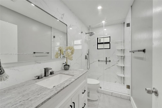 bathroom featuring walk in shower, vanity, and toilet