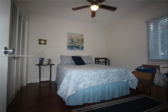 bedroom featuring ceiling fan and dark wood-type flooring