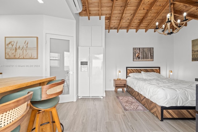 bedroom with wood ceiling, lofted ceiling with beams, white refrigerator with ice dispenser, a notable chandelier, and light hardwood / wood-style floors