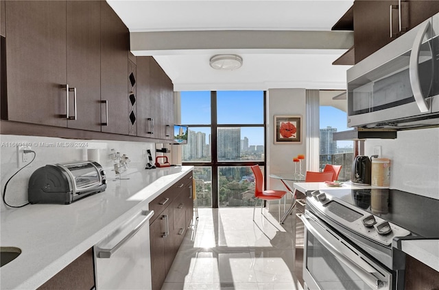 kitchen featuring dark brown cabinets, appliances with stainless steel finishes, and plenty of natural light