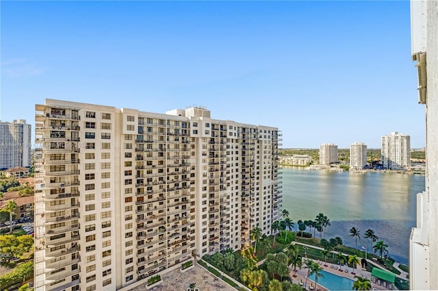 view of building exterior with a water view