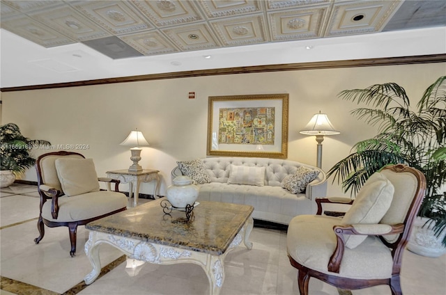 living room with crown molding