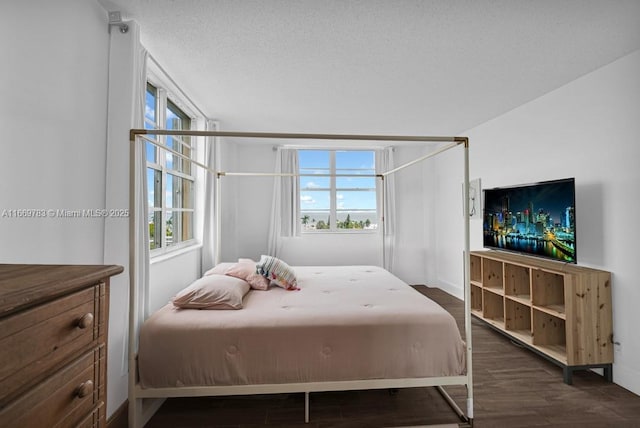 bedroom featuring a textured ceiling, dark wood-type flooring, and multiple windows