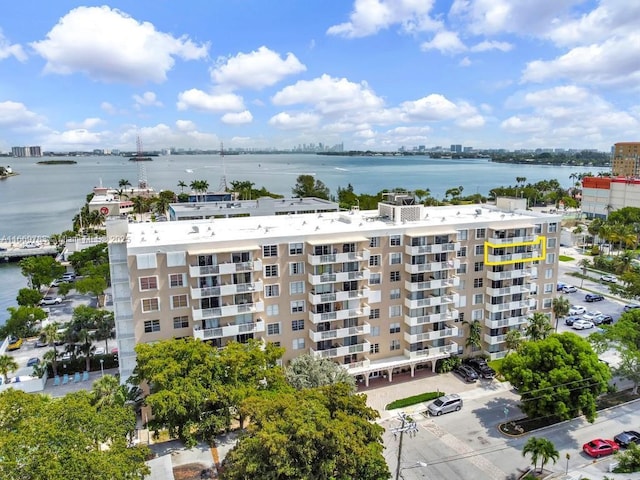 drone / aerial view with a water view