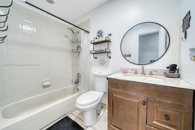 full bathroom featuring shower / tub combo, tile patterned flooring, vanity, and toilet