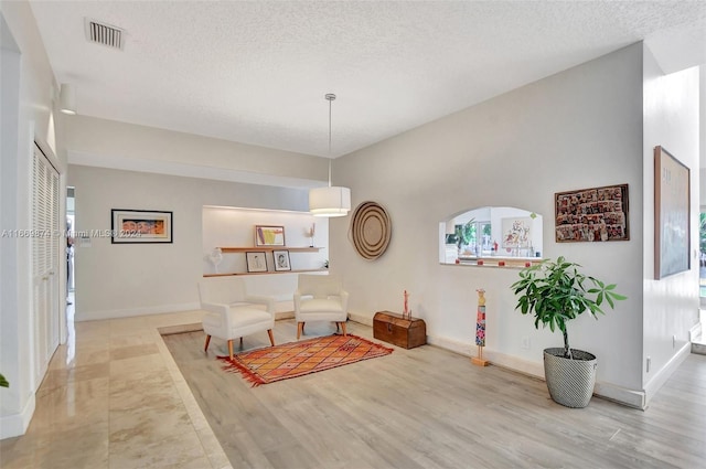 sitting room featuring a wealth of natural light, a textured ceiling, and light wood-type flooring