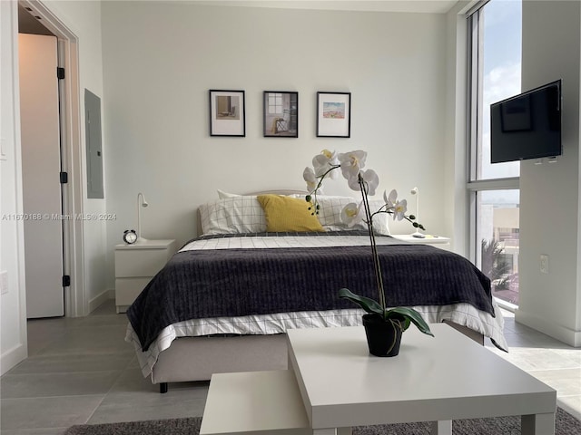 bedroom featuring multiple windows and electric panel