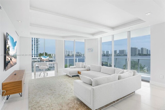 living room with a tray ceiling, a wealth of natural light, and expansive windows