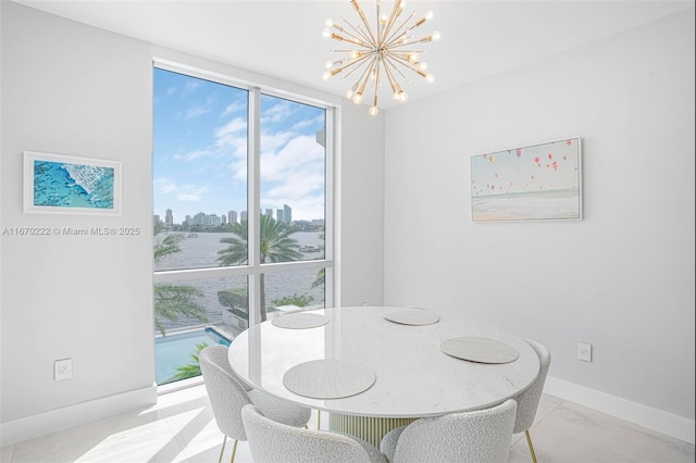 dining space with expansive windows and an inviting chandelier