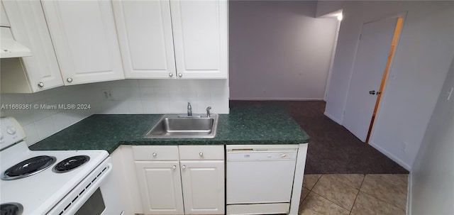 kitchen with white cabinets, white appliances, tasteful backsplash, and sink