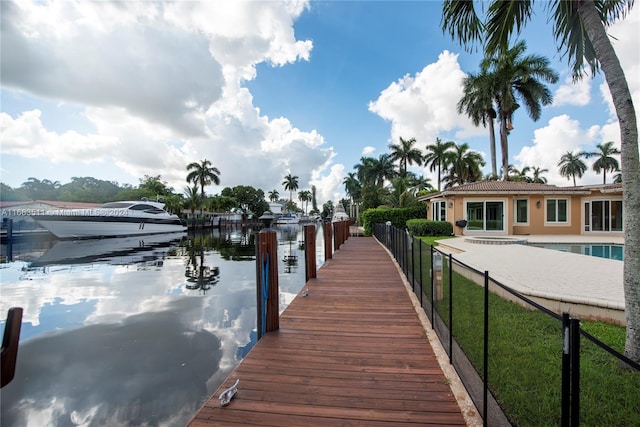 view of dock featuring a fenced in pool, a patio, and a water view