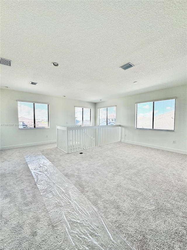 carpeted empty room featuring a textured ceiling and a healthy amount of sunlight