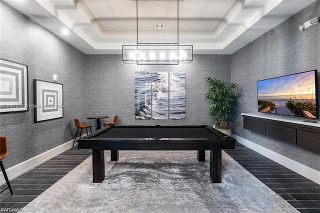 rec room featuring pool table, a raised ceiling, and dark hardwood / wood-style floors