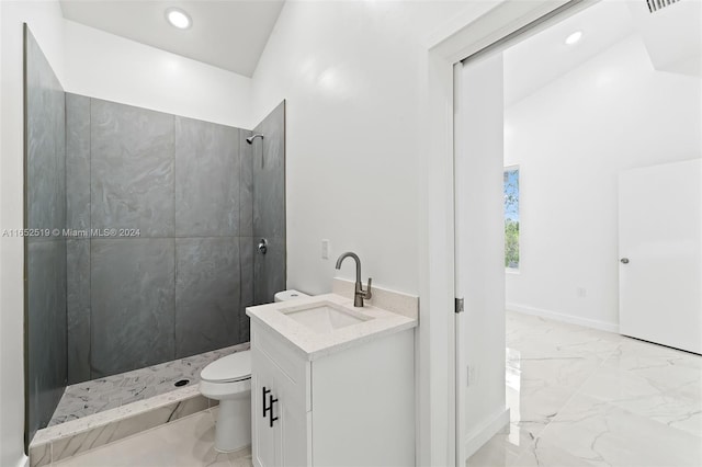 bathroom featuring walk in shower, vanity, and toilet