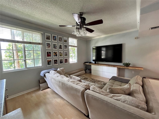 living room featuring a textured ceiling, crown molding, ceiling fan, and a healthy amount of sunlight