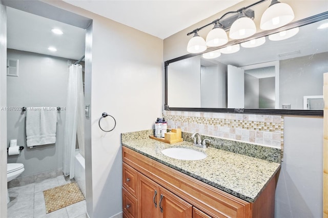 full bathroom featuring shower / bath combination with curtain, toilet, vanity, decorative backsplash, and tile patterned flooring