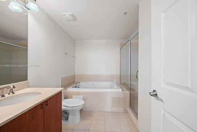 full bathroom featuring independent shower and bath, tile patterned flooring, vanity, and toilet