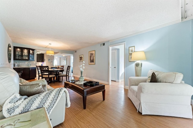 living room with a textured ceiling and hardwood / wood-style flooring