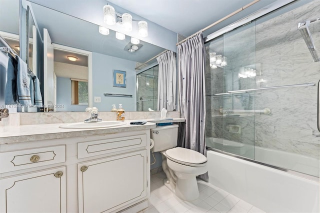 full bathroom featuring vanity, shower / bath combo with shower curtain, toilet, and tile patterned floors