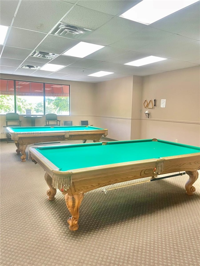 game room with a drop ceiling, carpet, and billiards