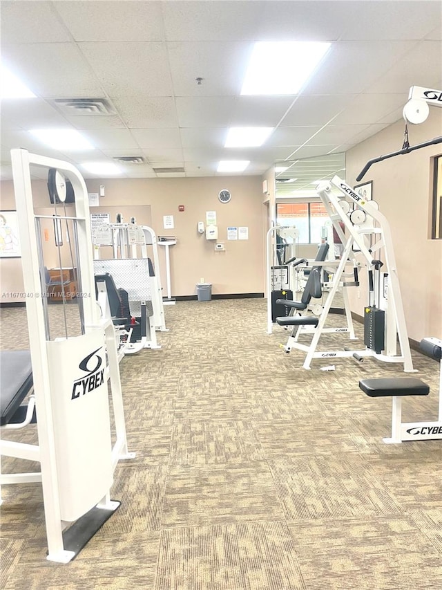 workout area featuring carpet floors and a paneled ceiling