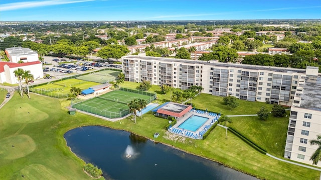 bird's eye view with a water view