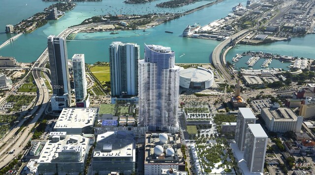 851 NE 1st Ave Unit 2200, Miami, FL 33132 - aerial overview of property's location featuring nearby urban area, a nearby body of water, and a marina