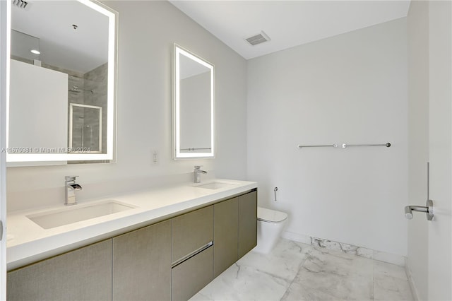 851 NE 1st Ave Unit 2200, Miami, FL 33132 - bathroom with marble finish flooring, a shower with door, toilet, baseboards, and double vanity