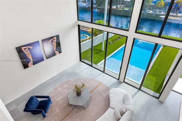 living room with a water view