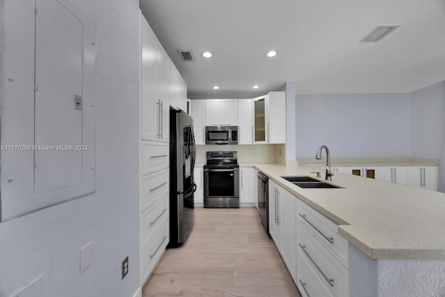 kitchen with white cabinetry, kitchen peninsula, stainless steel appliances, light wood-type flooring, and sink