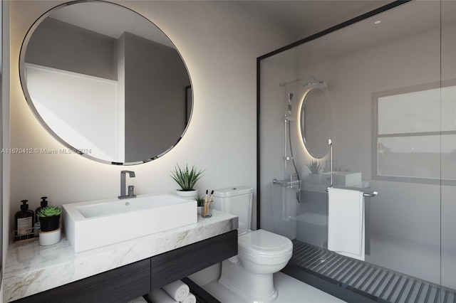 bathroom featuring a shower, vanity, and toilet