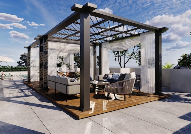 view of patio / terrace with a wooden deck, a pergola, and an outdoor living space