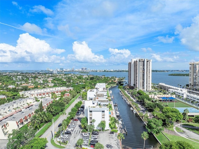 bird's eye view with a water view