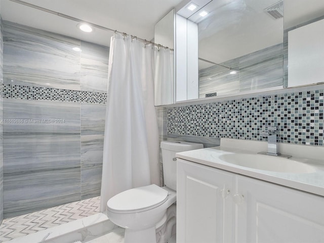 bathroom with tile walls, tasteful backsplash, vanity, walk in shower, and toilet