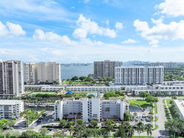 bird's eye view with a water view