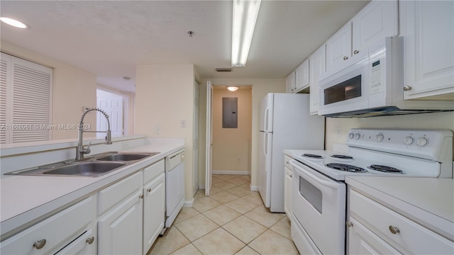 kitchen with electric panel, light tile patterned floors, sink, white appliances, and white cabinetry