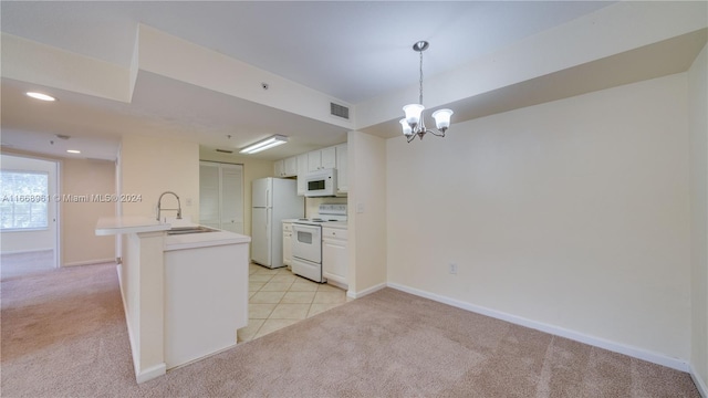 kitchen with sink, white cabinetry, kitchen peninsula, light colored carpet, and white appliances