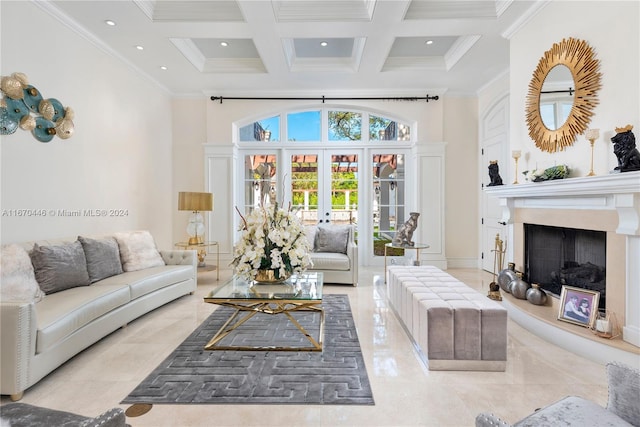 tiled living room with crown molding, coffered ceiling, a towering ceiling, and beamed ceiling