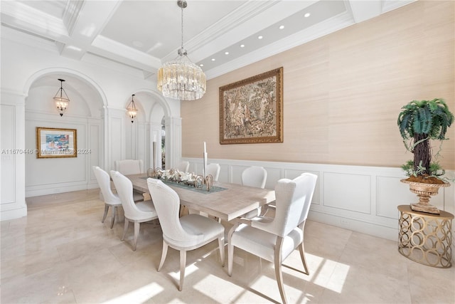 tiled dining area featuring beam ceiling, coffered ceiling, ornamental molding, and a notable chandelier