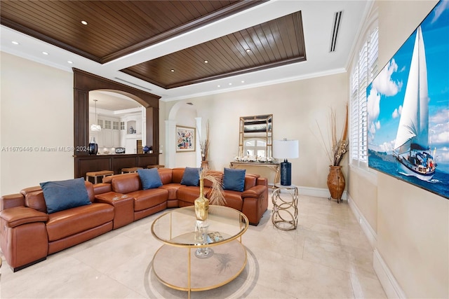 living room featuring wood ceiling, light tile patterned floors, and crown molding