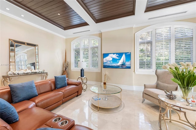 tiled living room featuring ornamental molding