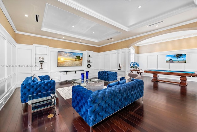 living room with ornate columns, pool table, crown molding, and dark hardwood / wood-style flooring