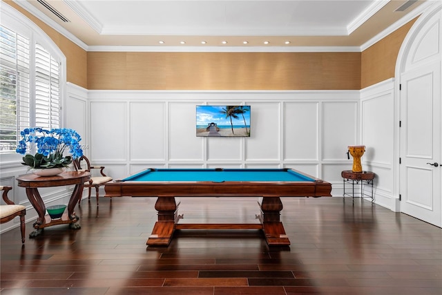 game room with ornamental molding, pool table, and dark hardwood / wood-style flooring