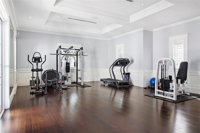 workout area featuring a raised ceiling, crown molding, and dark wood-type flooring