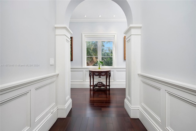 corridor featuring ornamental molding and dark hardwood / wood-style flooring