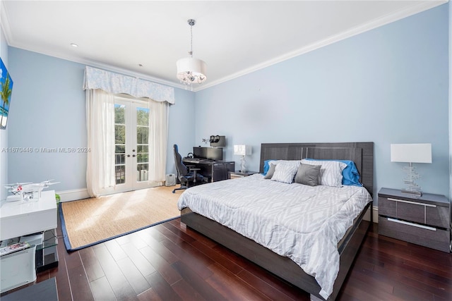 bedroom with access to outside, crown molding, dark wood-type flooring, and french doors