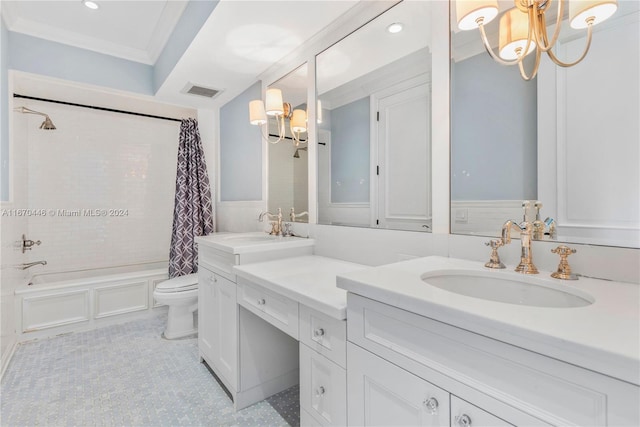 full bathroom with vanity, shower / bath combination with curtain, ornamental molding, toilet, and a chandelier